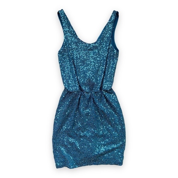 𝅺EXPRESS Teal Sequin Low Surplice Back Cocktail Mini Dress - Picture 9 of 14